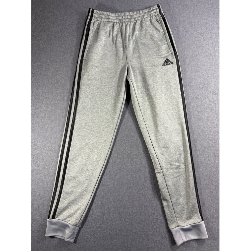 Adidas Boys Gray Heathered Fleece Joggers 3-Stripe Sweatpants Size M 10/12
